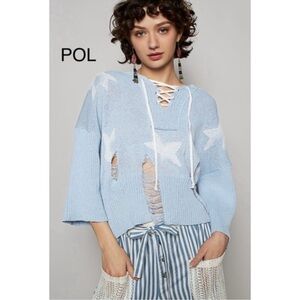 POL Women's Sky Blue Distressed Star Sweater